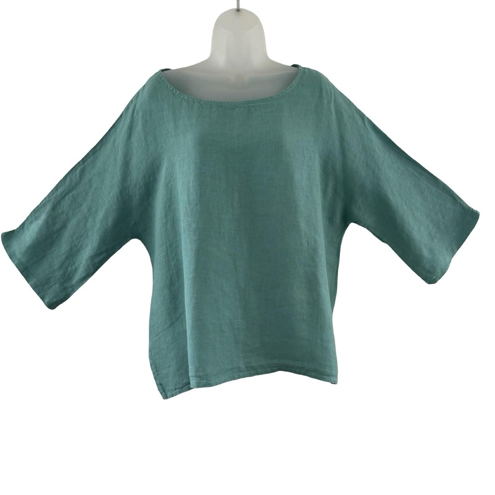 Linen Tunic Shirt Womens Medium Green Boat Neck Dolman 3/4 Sleeve Top Relaxed
